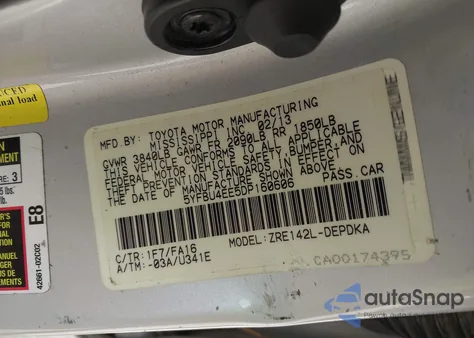 2013 Toyota Corolla L z USA, uszkodzony, nr VIN 5YFBU4EE5DP160606